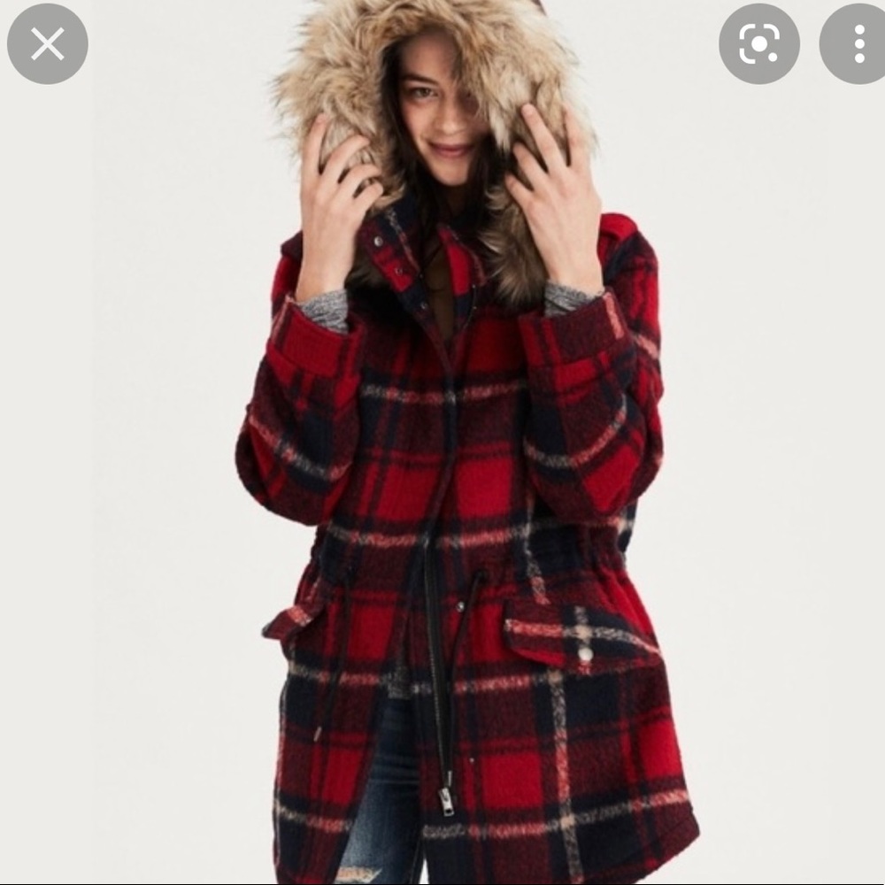 American eagle red coat with faux fur